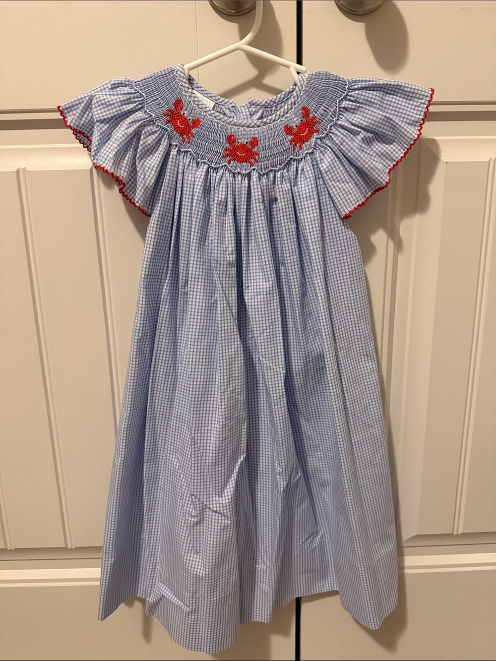 Edgehill Collection Blue Gingham Dress with Red Crab Smocking